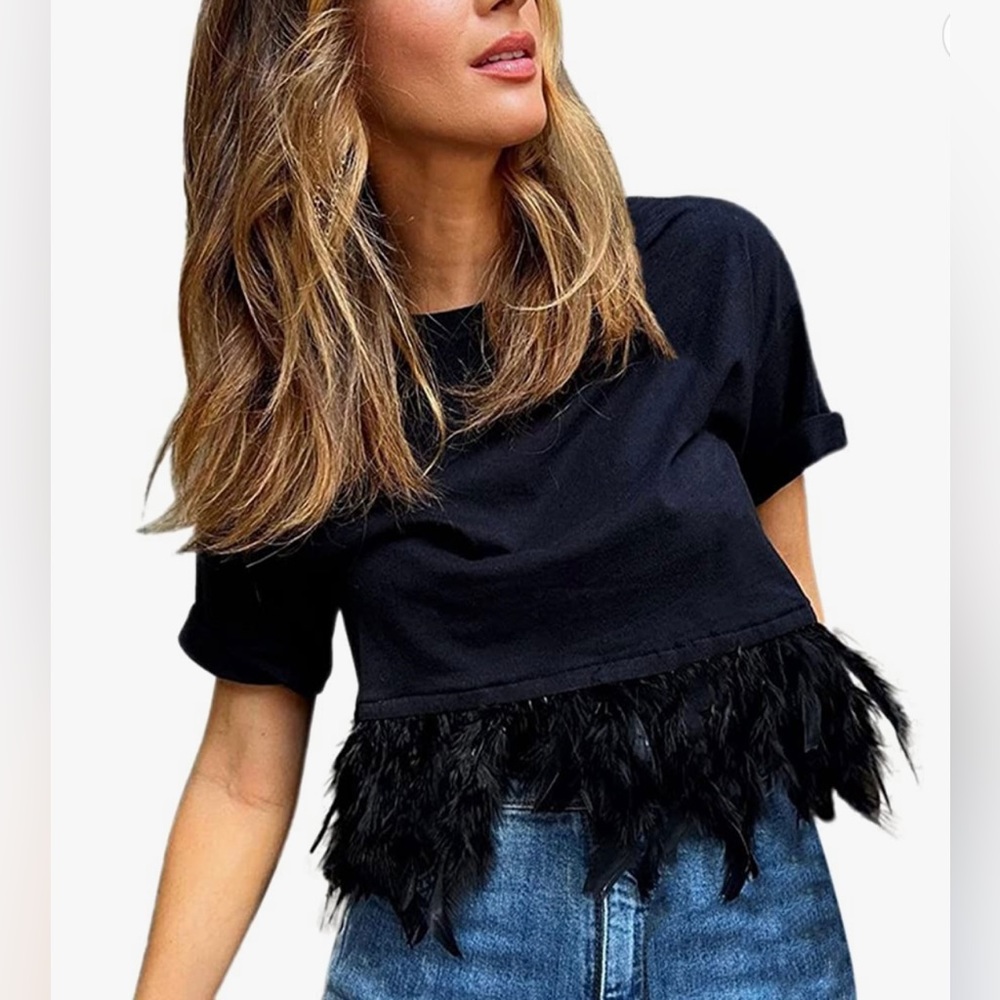 NWOT black top with feather trim - Small